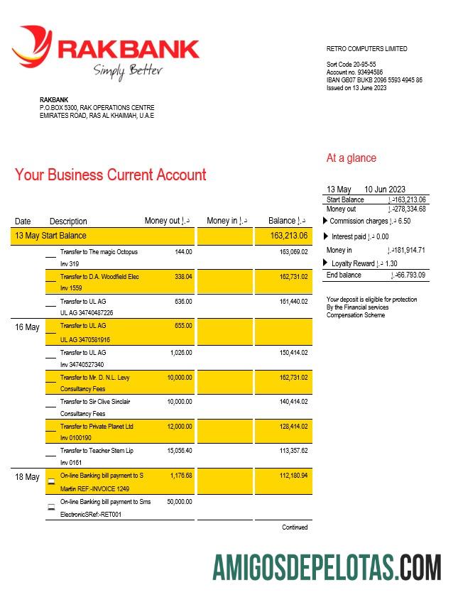 Em branco Extrato de conta empresarial do Rakbank modelo Word e PDF